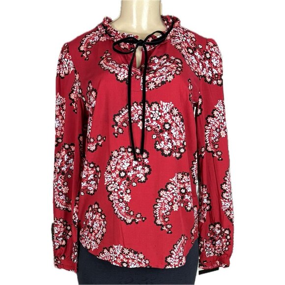 St. John's Bay S Red Floral Tie Keyhole Neckline Curved Hem Long Sleeve Blouse - Picture 2 of 6